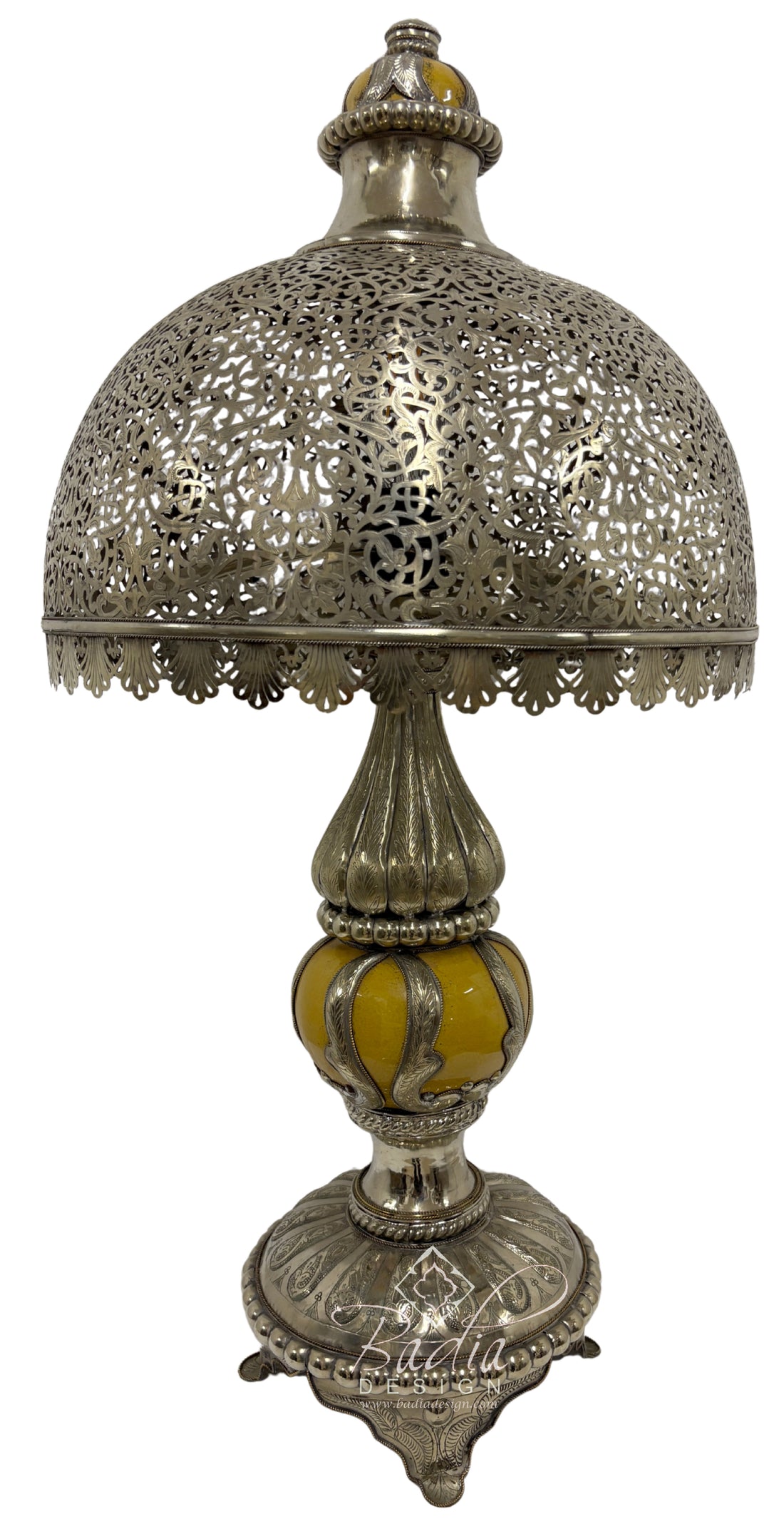 Moroccan Intricately Designed Silver and Yellow Ceramic Desktop Lamp