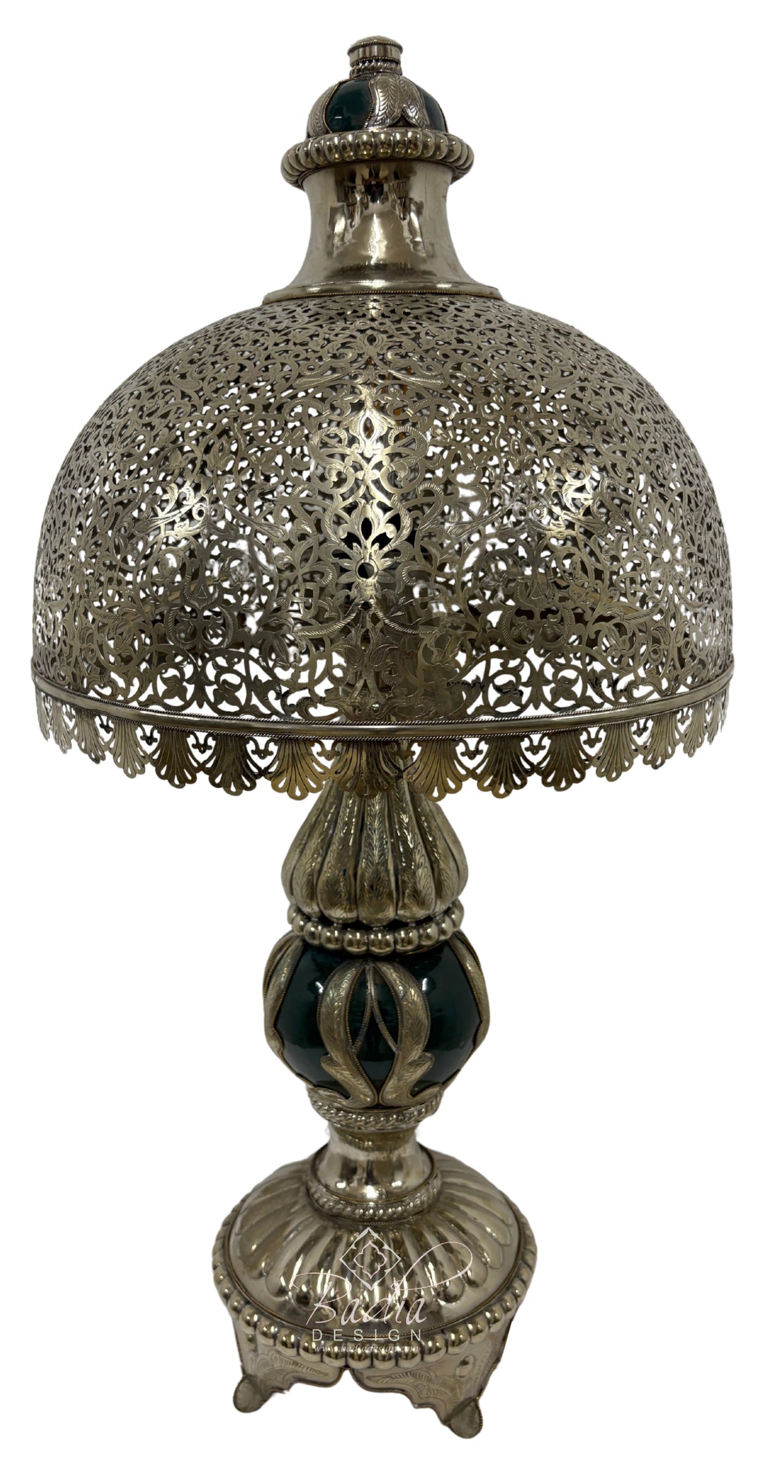 Moroccan Intricately Designed Silver and Green Ceramic Desktop Lamp
