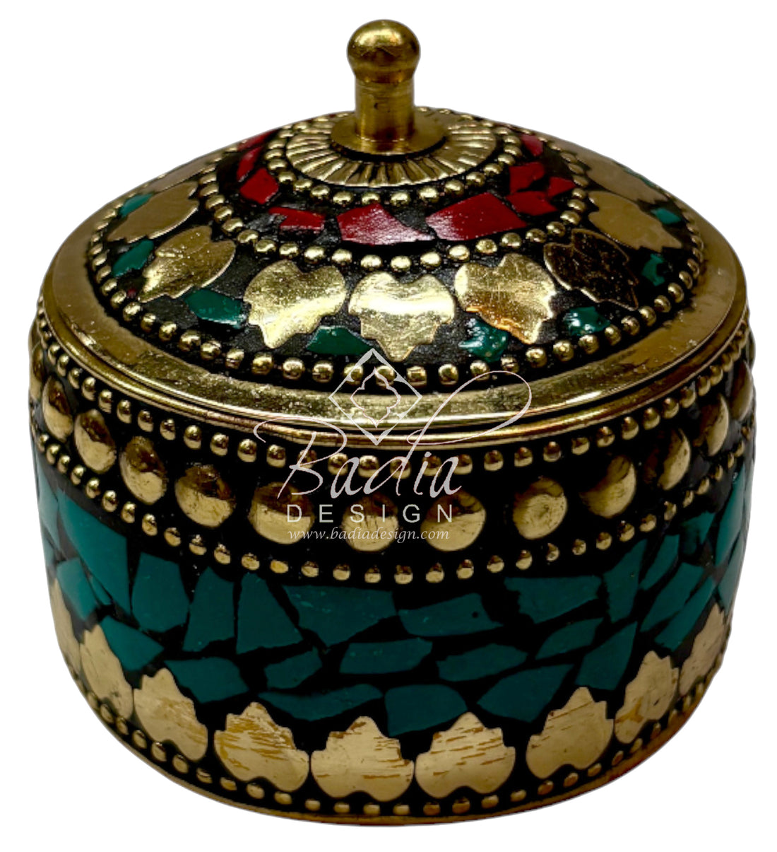 Decorative jewelry box with intricate designs and colorful patterns on a white background.
