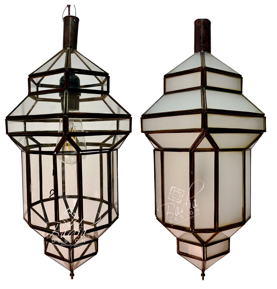 Two vintage-style geometric lanterns with dark metal frames and white frosted glass panels, shown side by side against a white background.