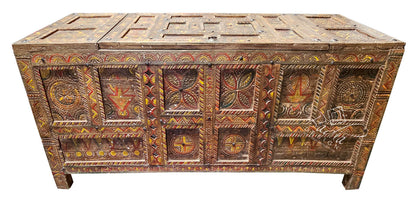 Large Vintage Hand Painted Carved Cedar Trunk