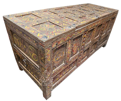 Large Vintage Hand Painted Carved Cedar Trunk