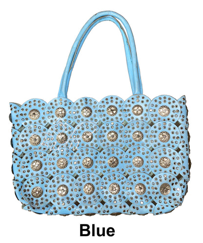 Blue Moroccan Leather and Metal-Studded Handbag