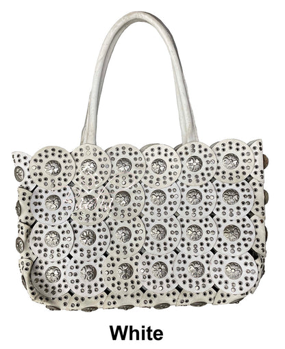White Moroccan Leather and Metal-Studded Handbag