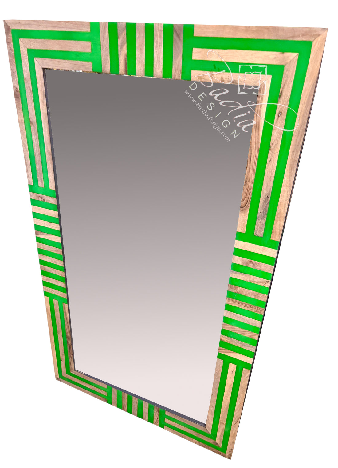 A decorative rectangular wall mirror with a geometric border design featuring bright green painted stripes and natural wood framing, shown on a plain white background.
