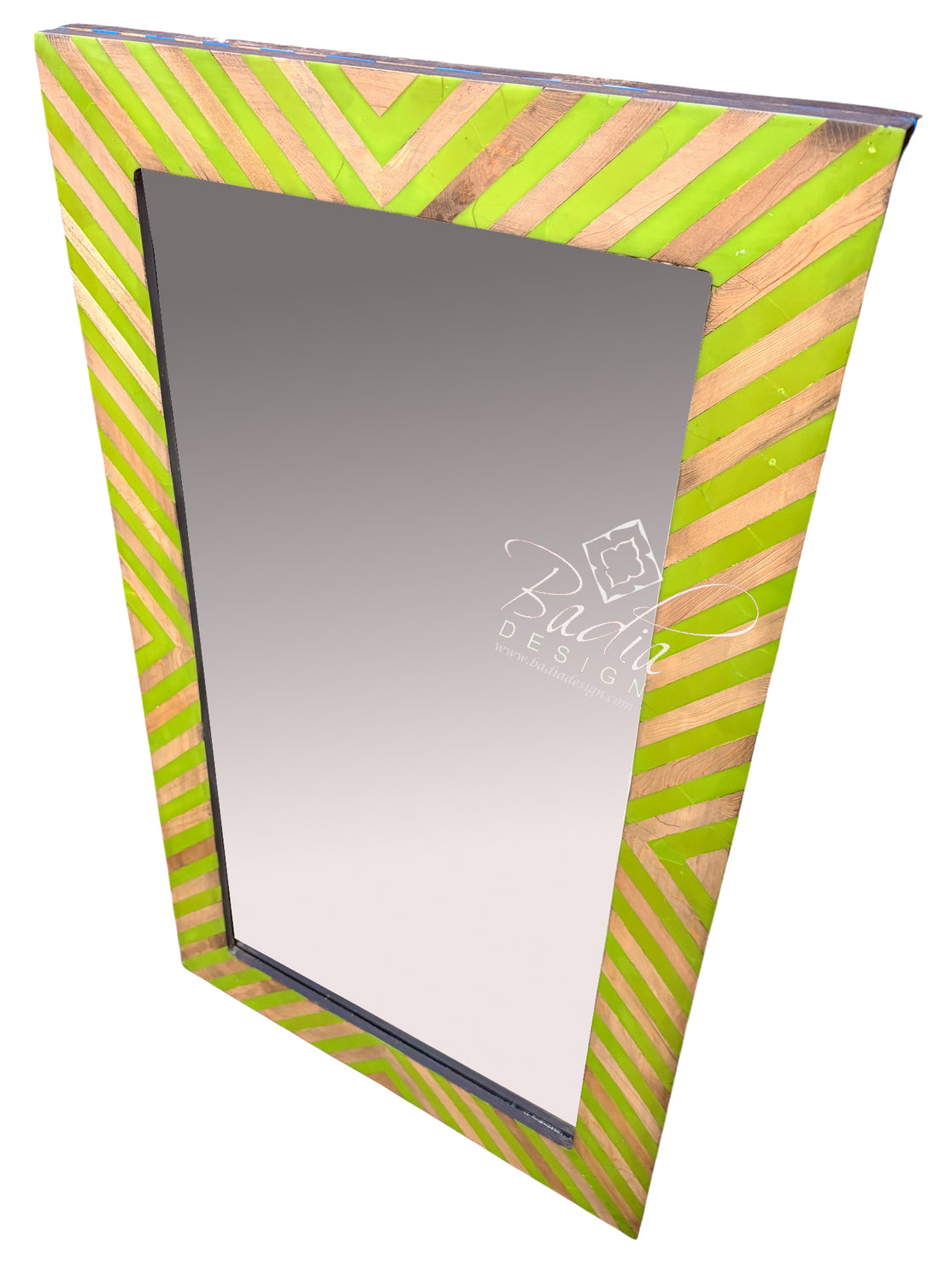 A triangular wall mirror with a vibrant lime green and light wood chevron-patterned frame, shown on a plain white background with a faint watermark.
