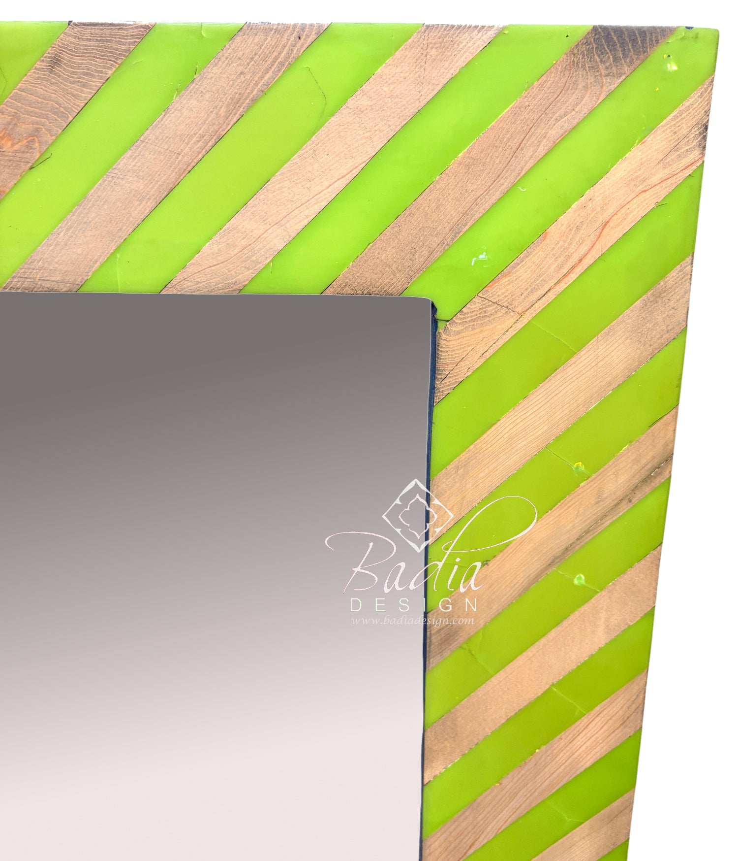 Lime and Beige Striped Resin and Wood Mirror