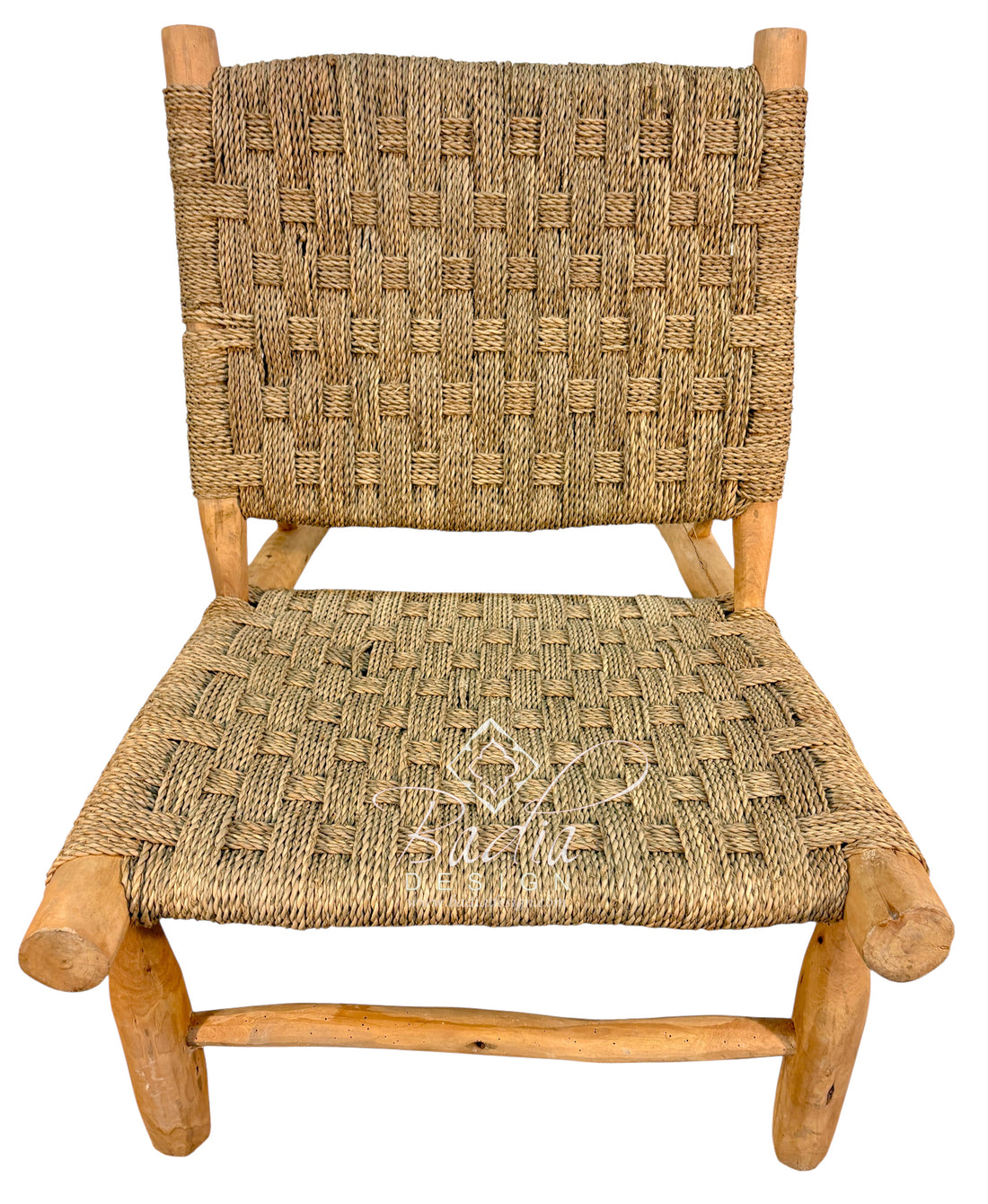 Moroccan Low-Profile Woven Rope Accent Chair with Natural Wood Frame