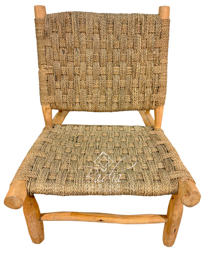 Moroccan Low-Profile Woven Rope Accent Chair with Natural Wood Frame