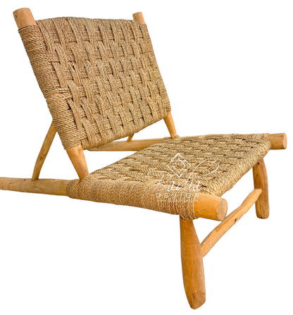 Moroccan Low-Profile Woven Rope Accent Chair with Natural Wood Frame