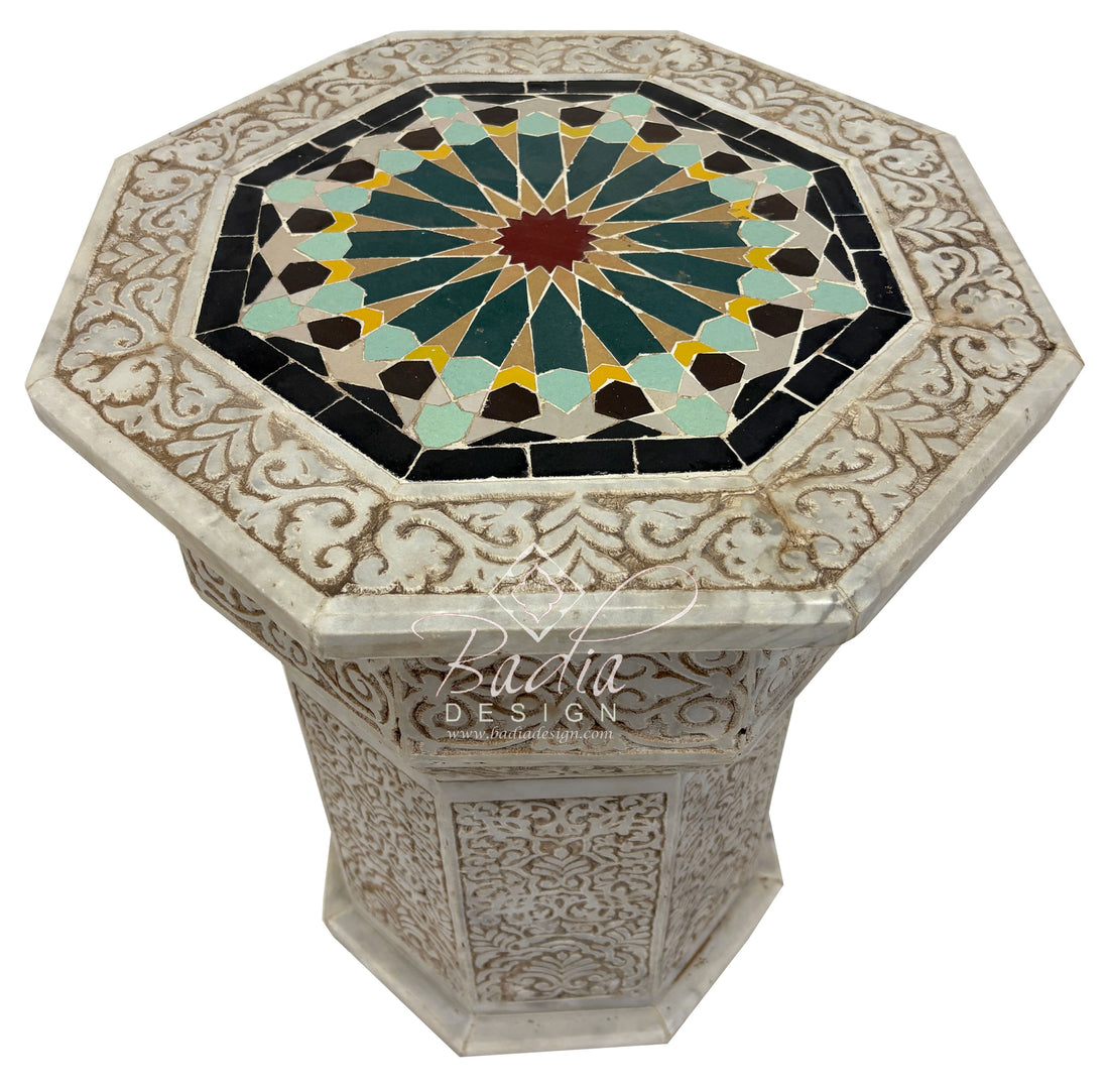 Marble Side Table with Hand Painted Zellige Tile Top