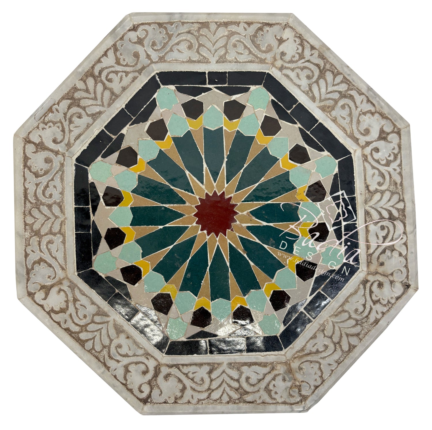 Marble Side Table with Hand Painted Zellige Tile Top