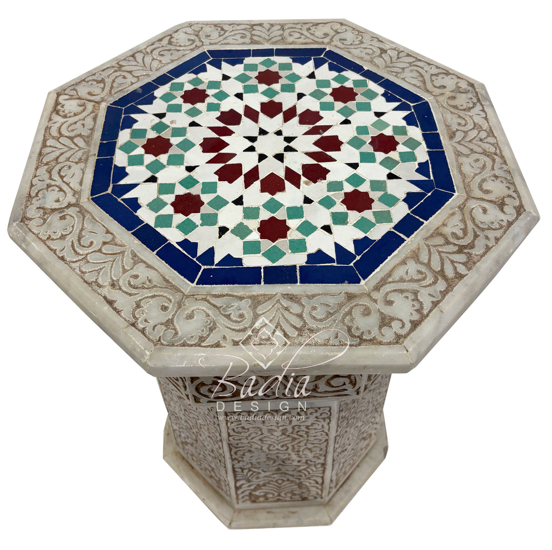 Marble Side Table with Hand Painted Zellige Tile Top