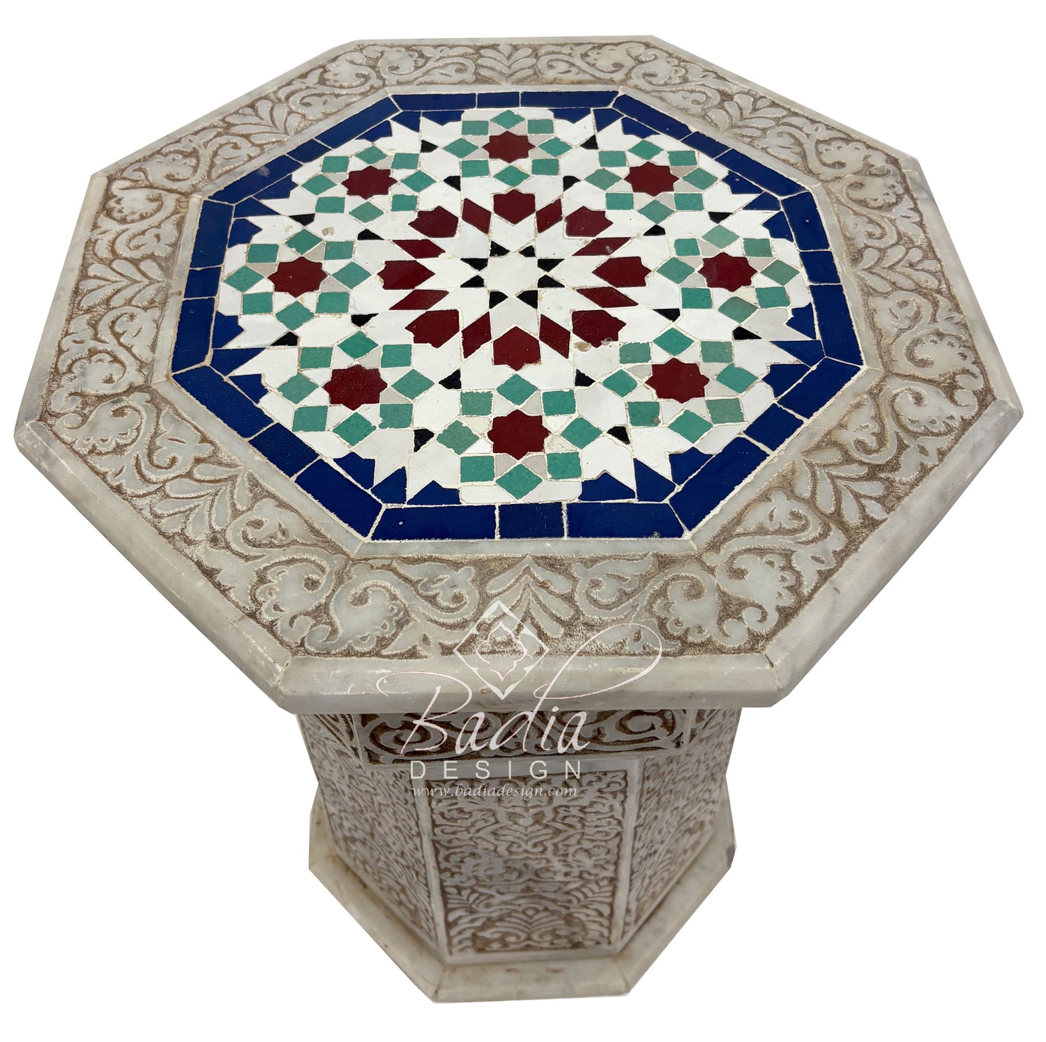 Marble Side Table with Hand Painted Zellige Tile Top