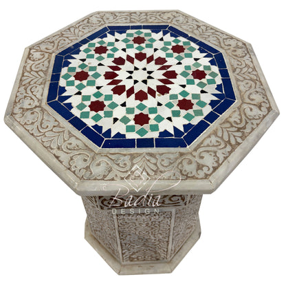 Marble Side Table with Hand Painted Zellige Tile Top