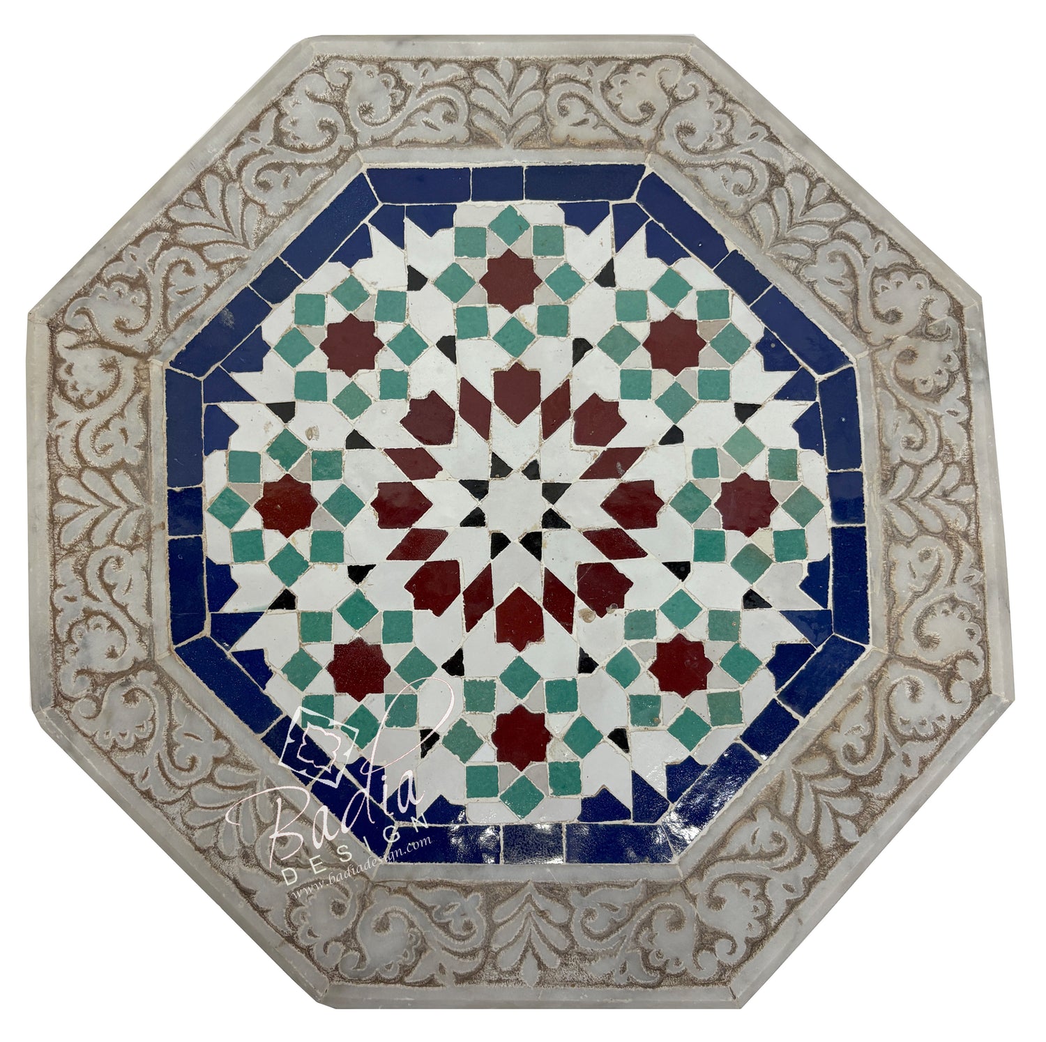 Marble Side Table with Hand Painted Zellige Tile Top