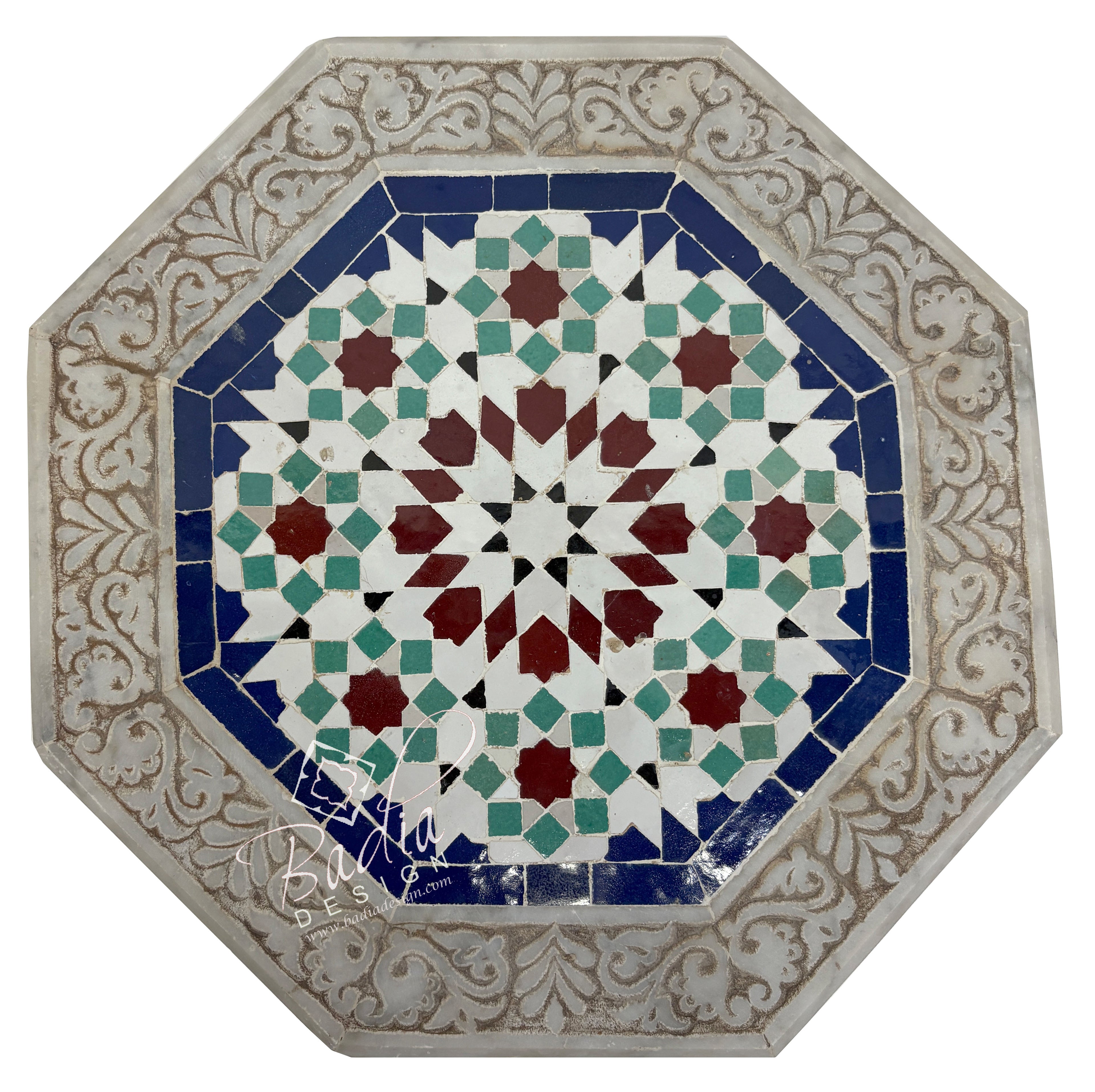 Marble Side Table with Hand Painted Zellige Tile Top