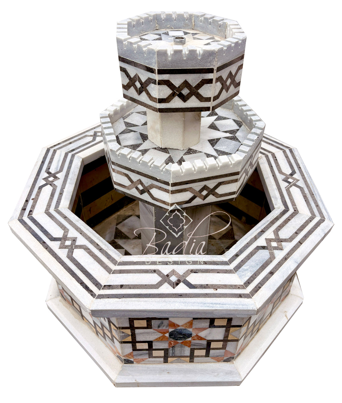 Moroccan marble fountain with geometric designs