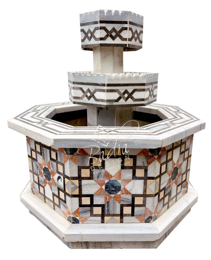 Octagon-Shaped Marble Water Fountain with Geometric Patterns