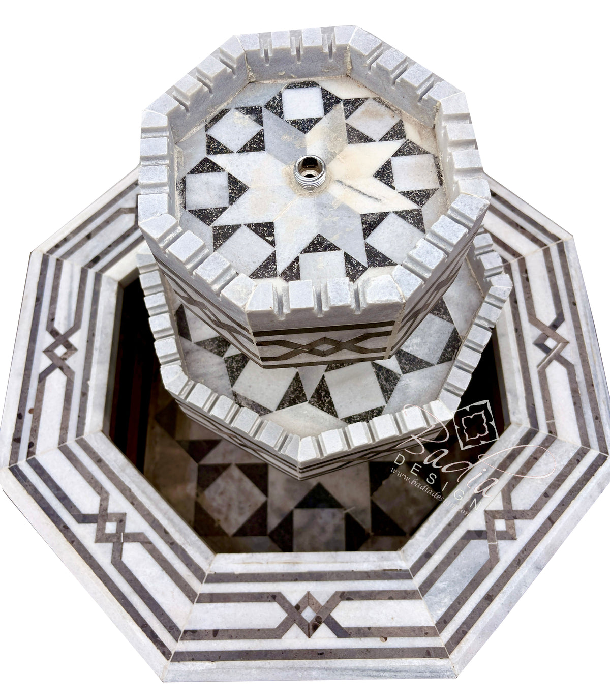 Octagon-Shaped Marble Water Fountain with Geometric Patterns