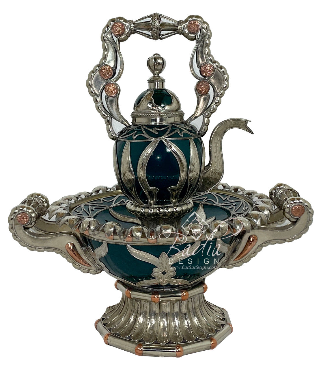Green Metal and Ceramic Teapot with Basin