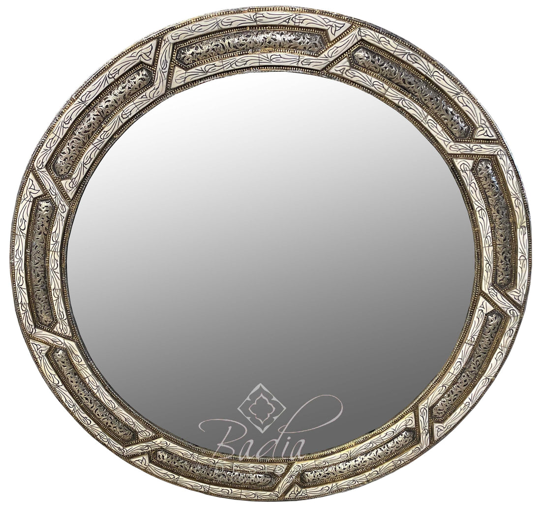 Round Metal and White Bone Mirror