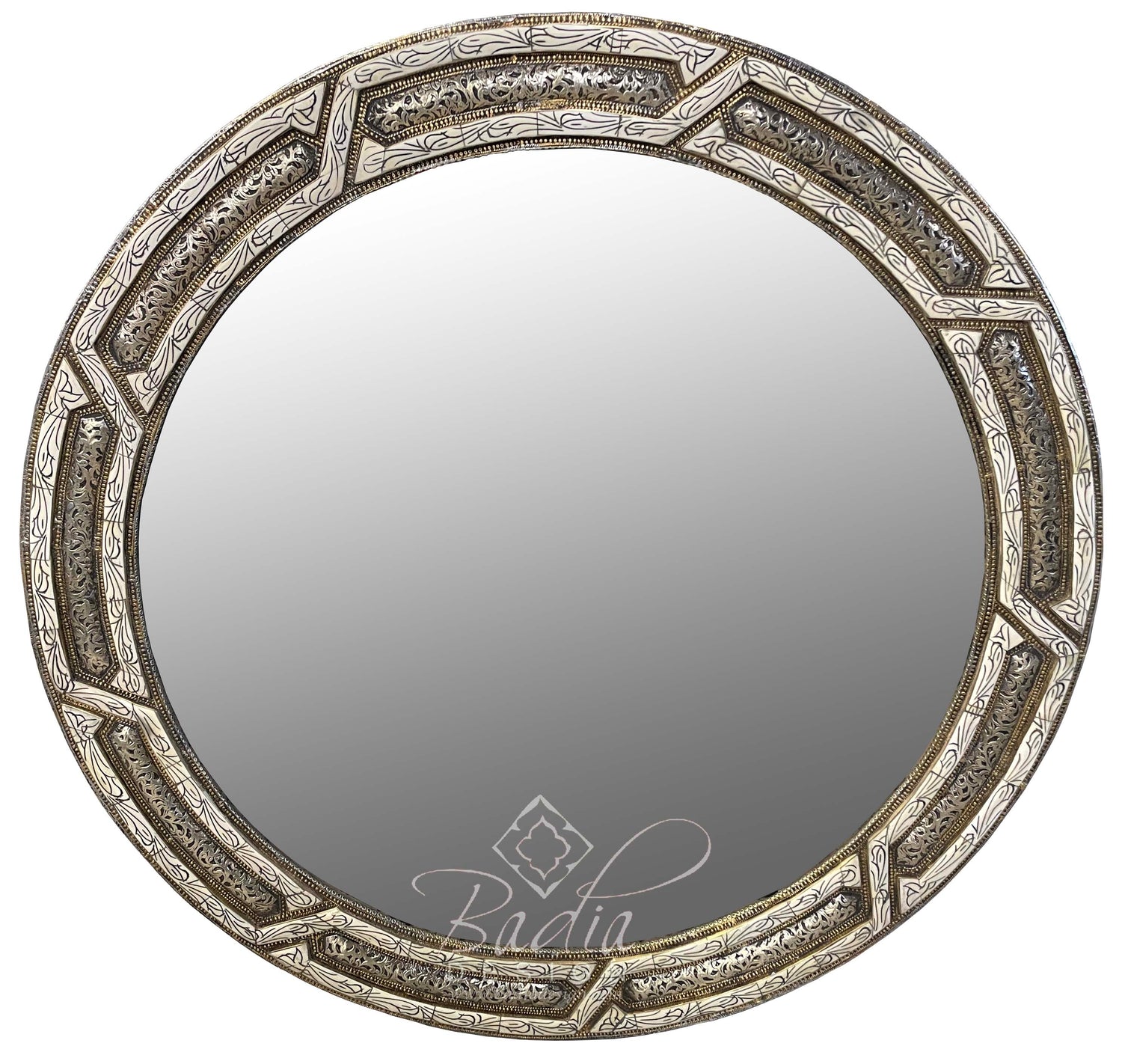 Round Metal and White Bone Mirror