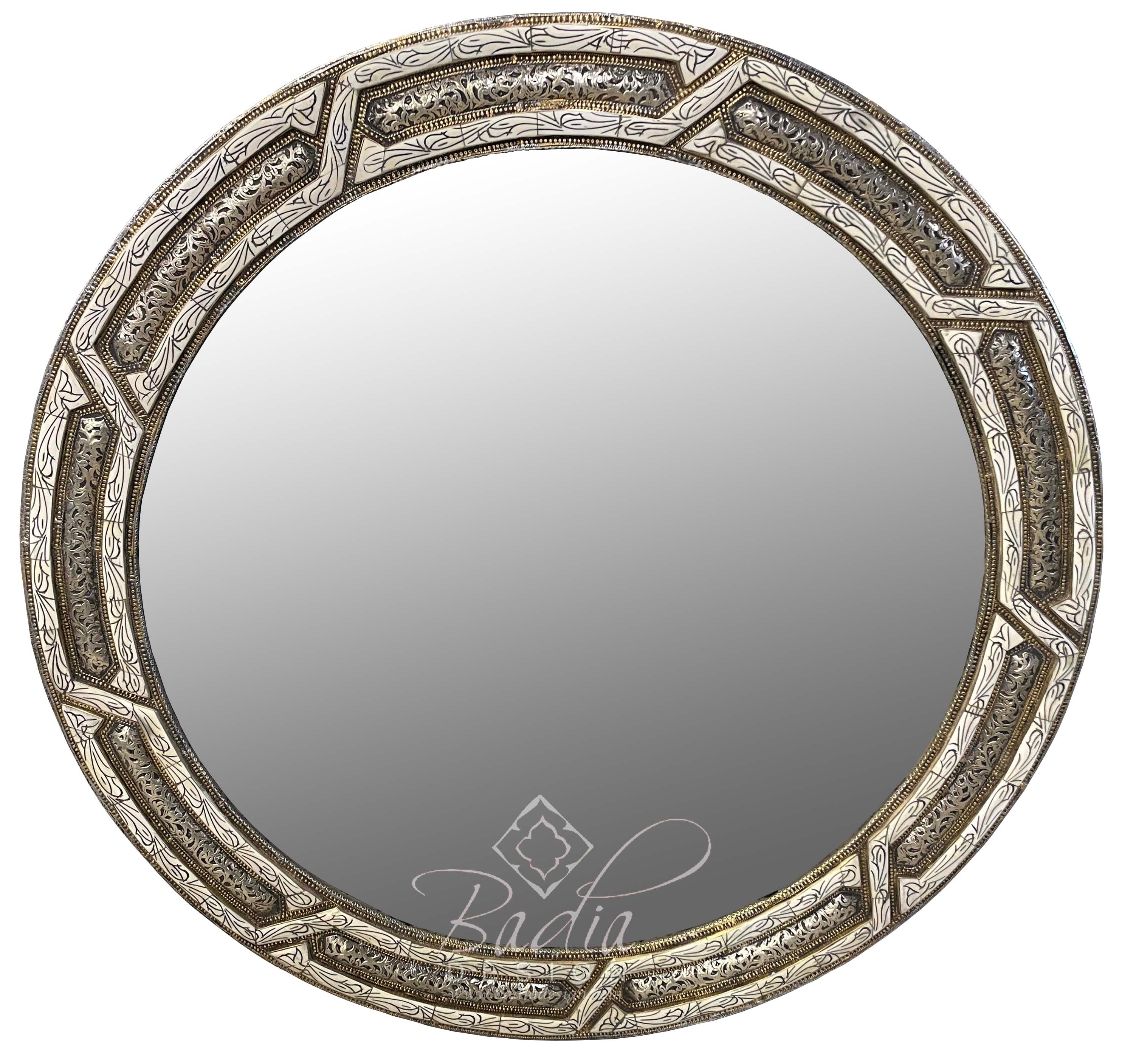 Round Metal and White Bone Mirror