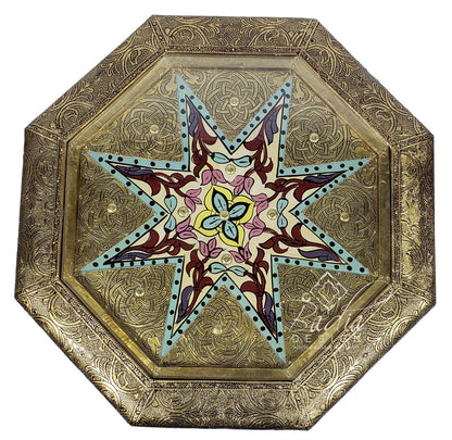 Octagonal Hand Carved Brass Table with Glass Top