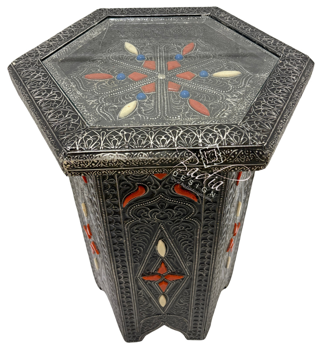 Octagon Shaped Metal and Bone Side Table with Glass Top