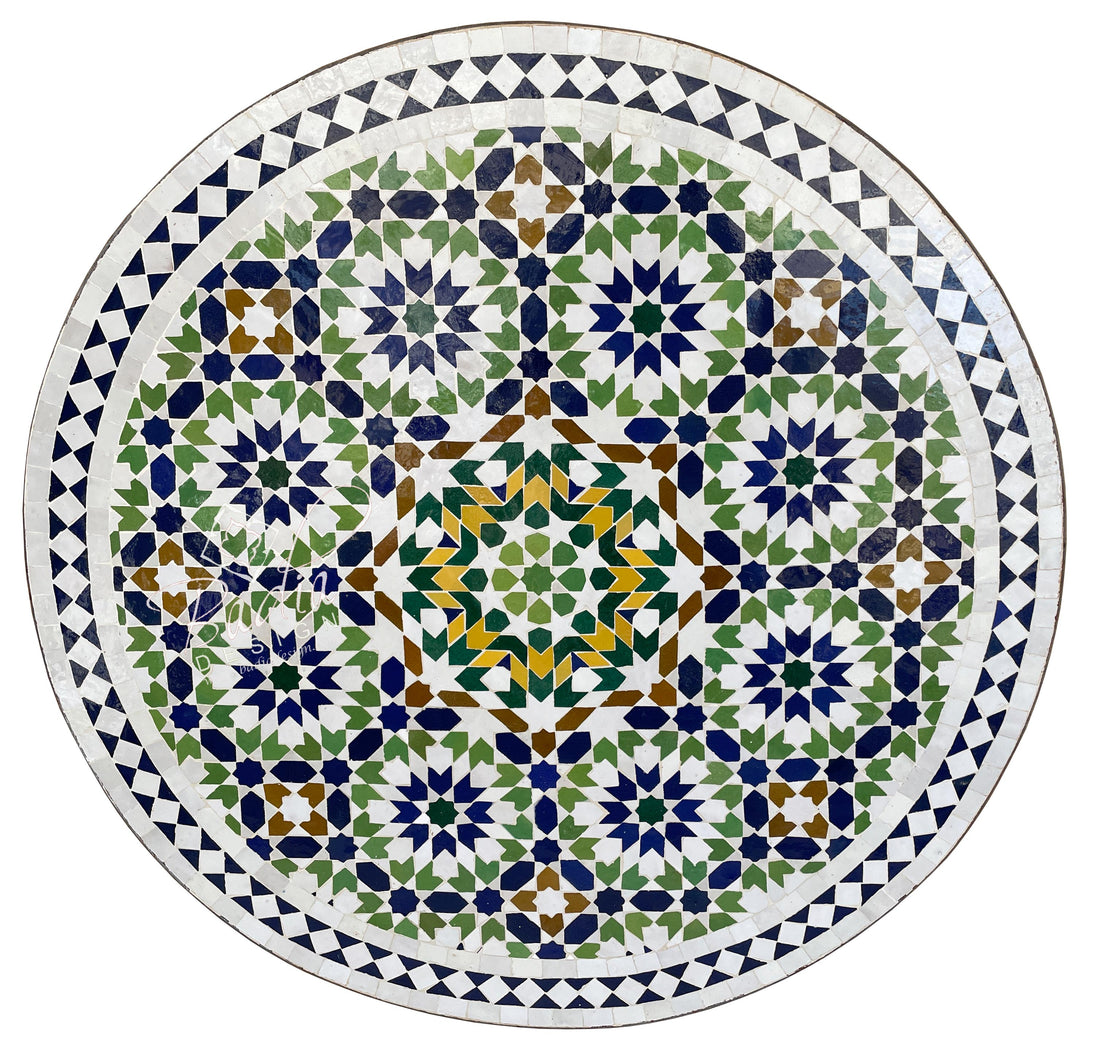 Moroccan Green and White Multi-Color Intricately Designed Tile Table Top
