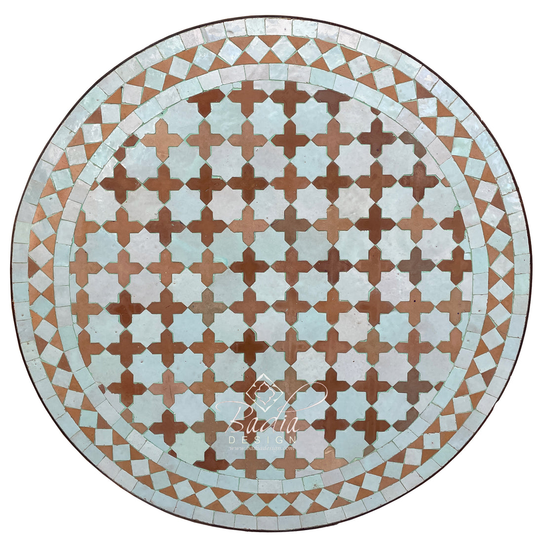 White and Brown Round Moroccan Tile Table Top with Intricate Design