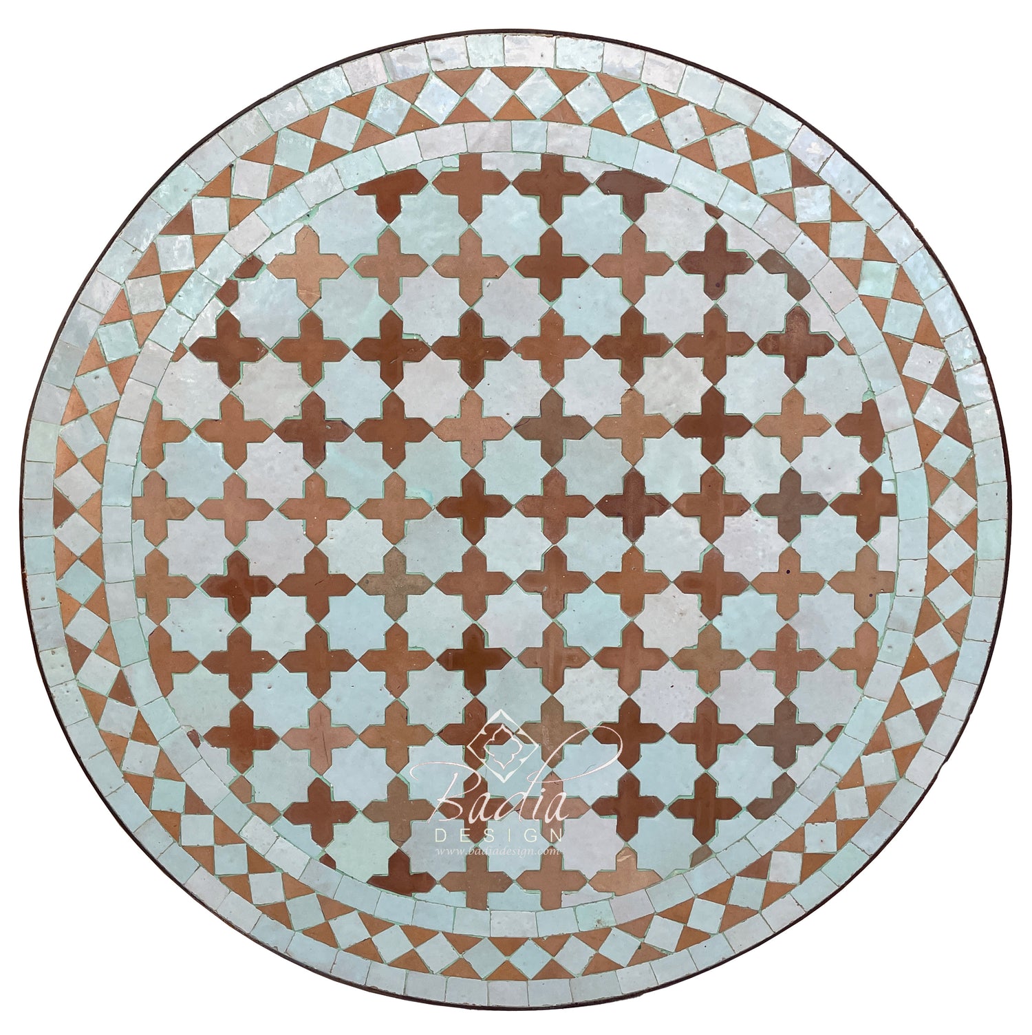 White and Brown Round Moroccan Tile Table Top with Intricate Design