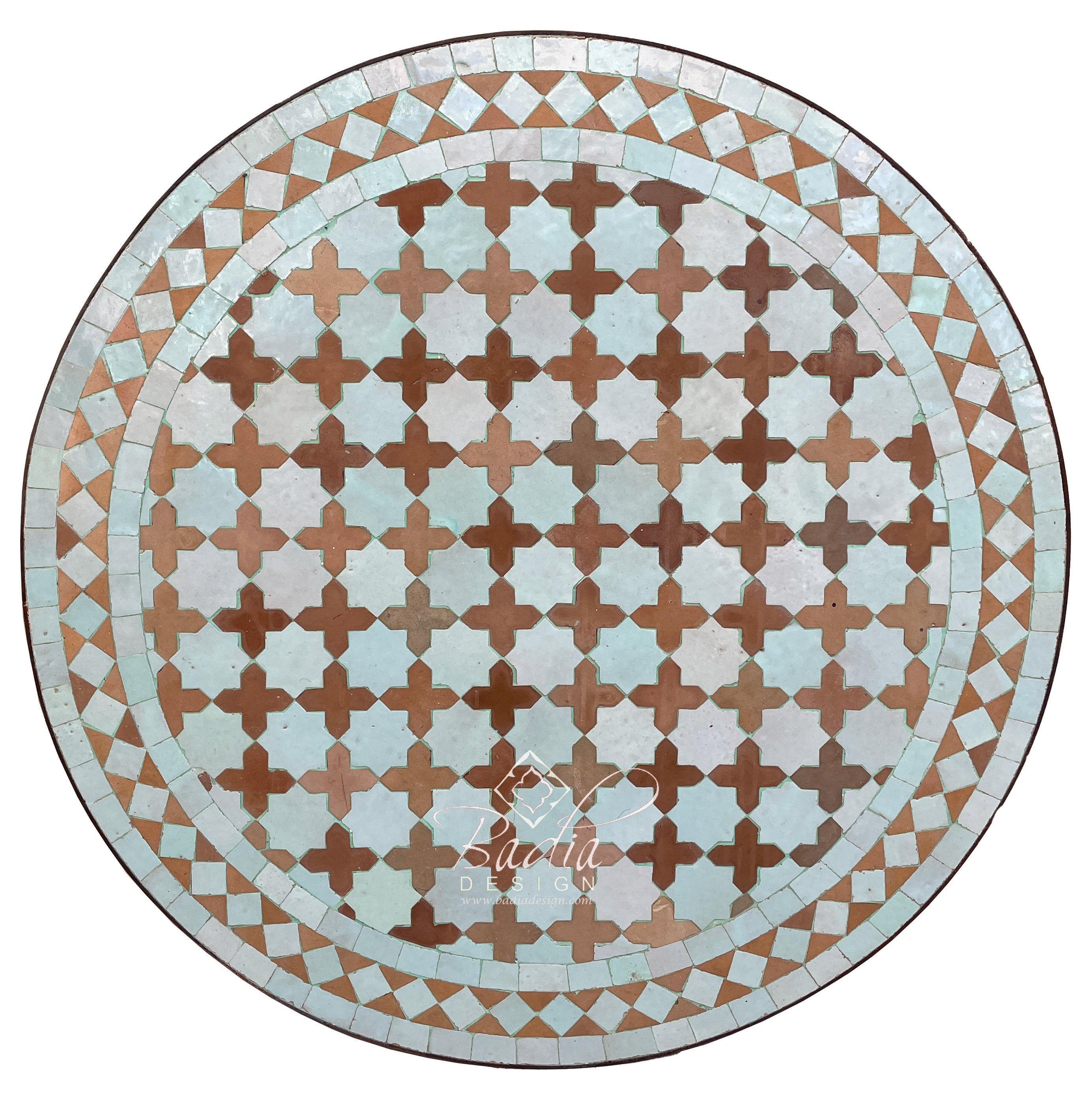 White and Brown Round Moroccan Tile Table Top with Intricate Design