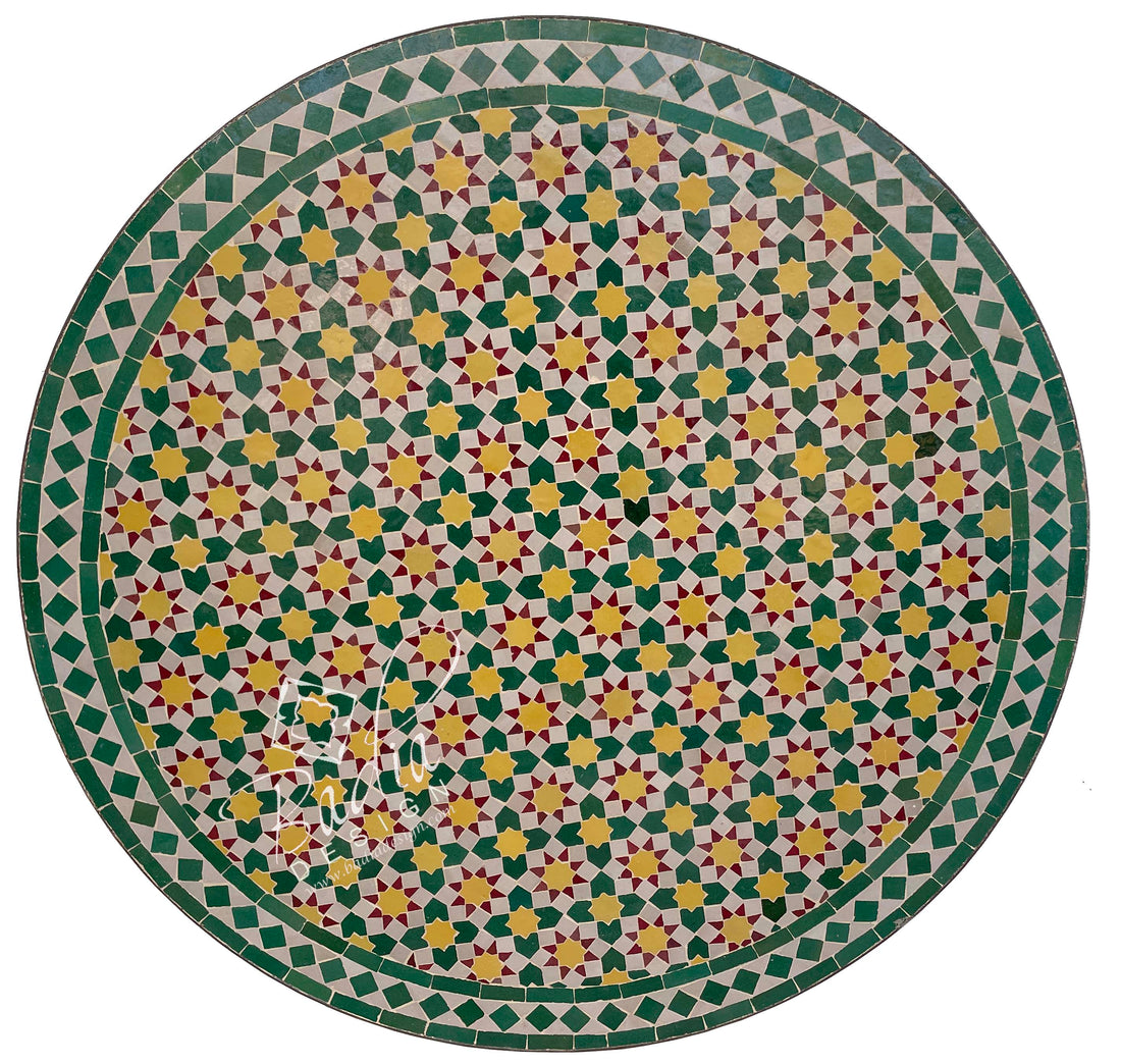 Round Moroccan Green and Yellow Mosaic Tile Table Top
