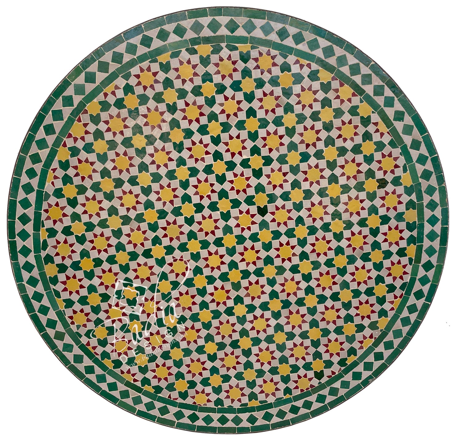 Round Moroccan Green and Yellow Mosaic Tile Table Top
