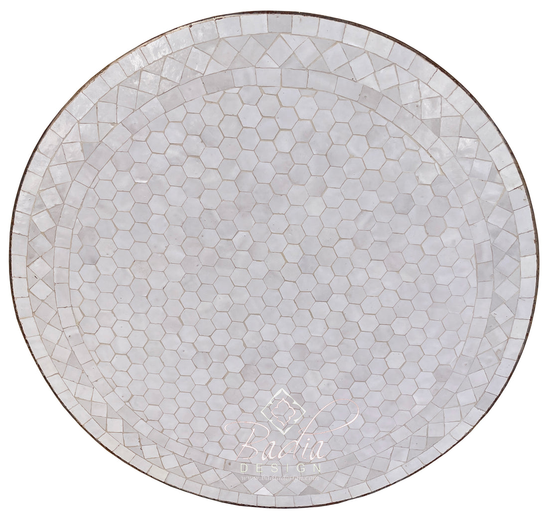 Round Moroccan Intricately Designed White Tile Table Top
