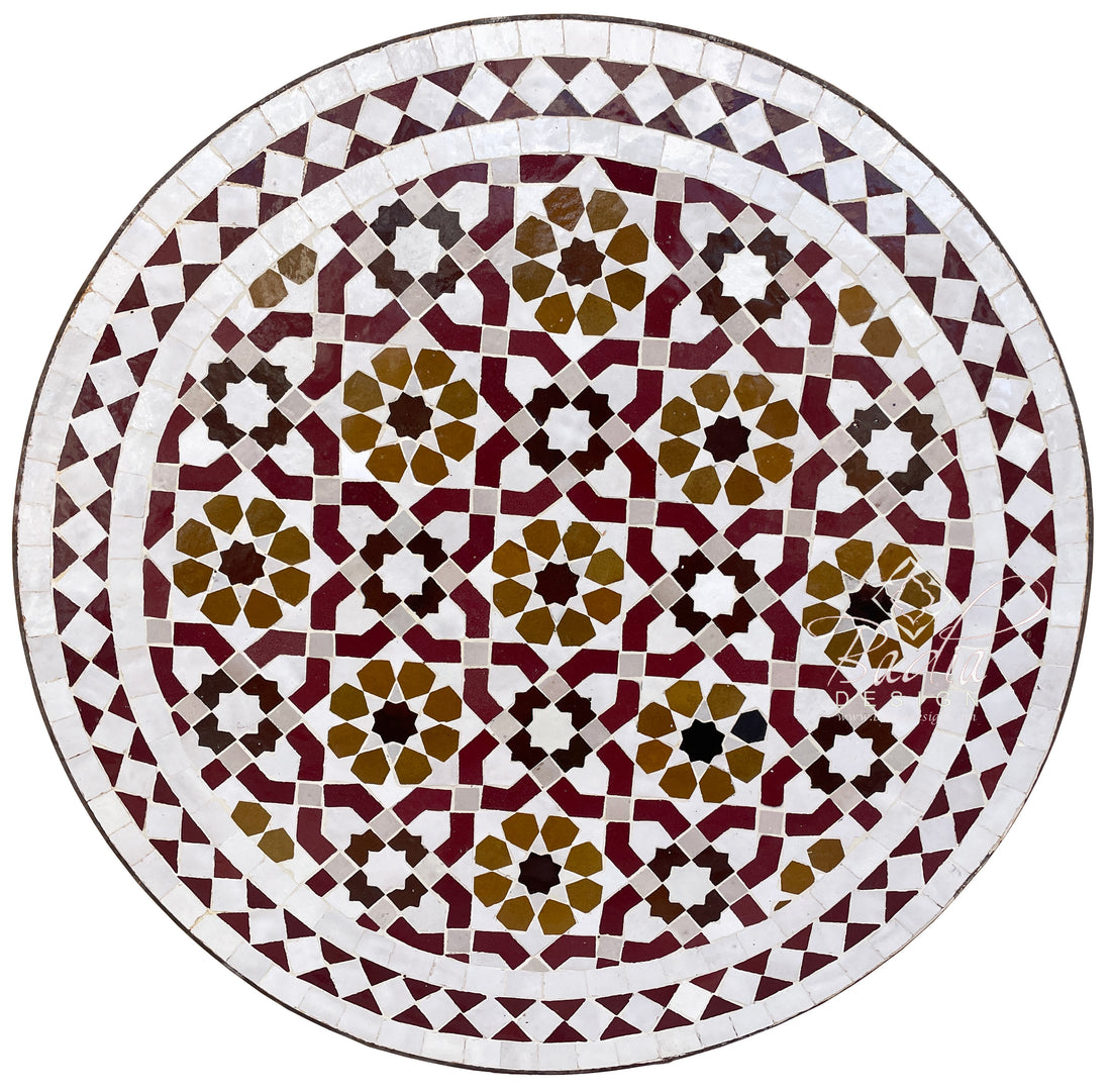 White and Multi-Color Moroccan Intricately Designed Round Tile Table Top
