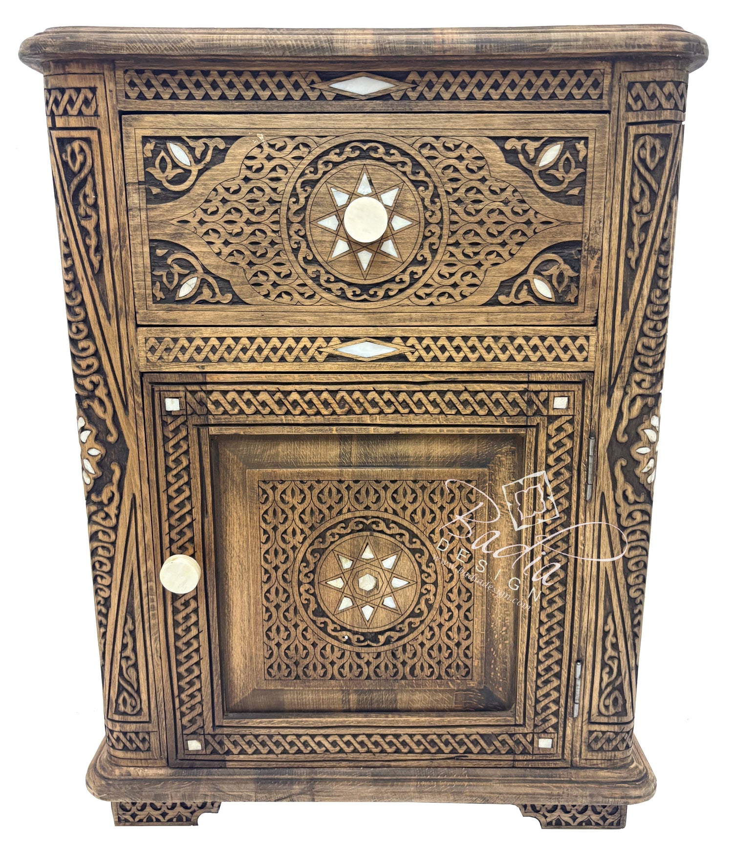Mother of Pearl Inlay Bedside Light Stained Nightstand