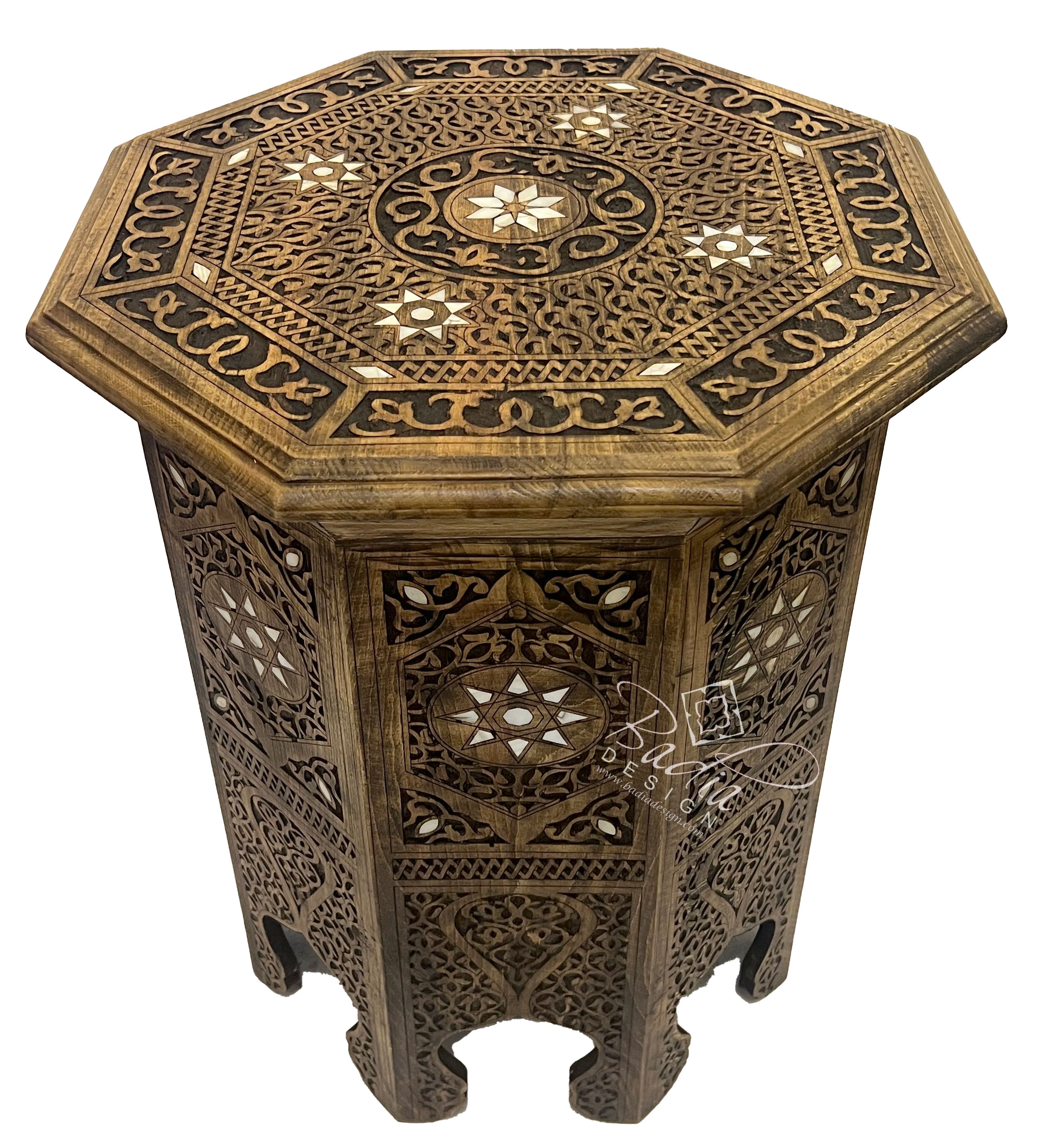 Moroccan Mother of Pearl Inlay Hand Carved Accent Table