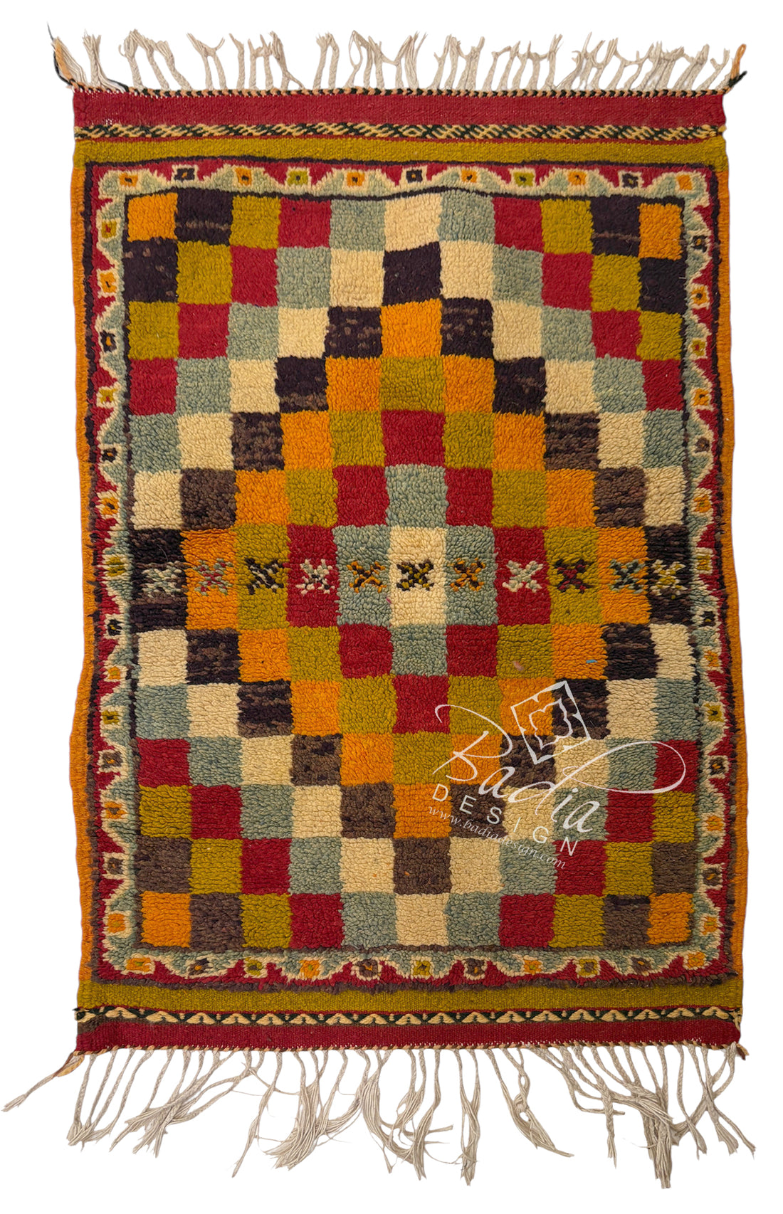 A square Moroccan-style wool rug with a multicolor geometric checkered pattern and fringed edges, shown flat against a white background.