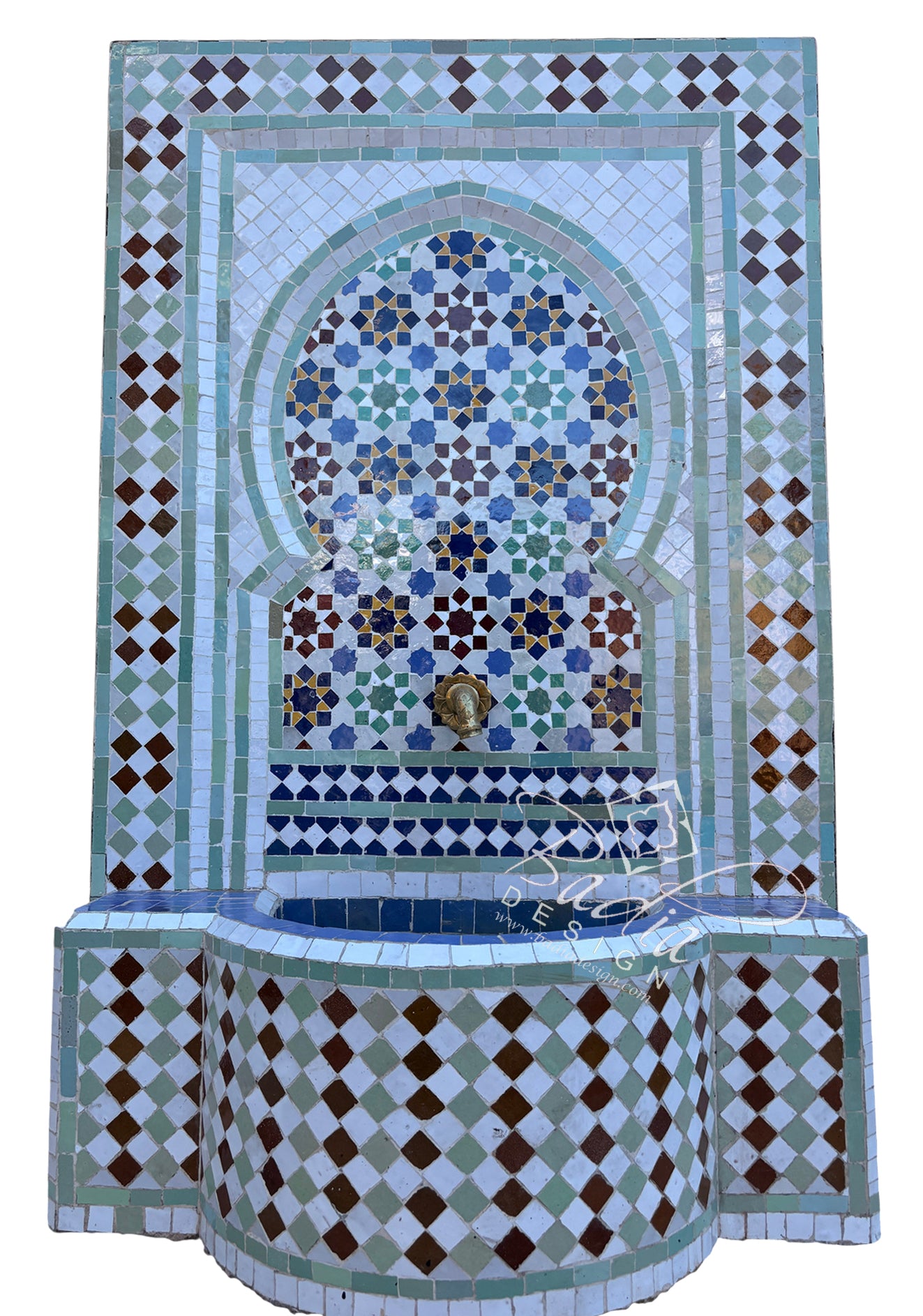 A Moorish-style mosaic fountain wall with an arched patterned tile design and a tiered basin, shown against a plain white background.