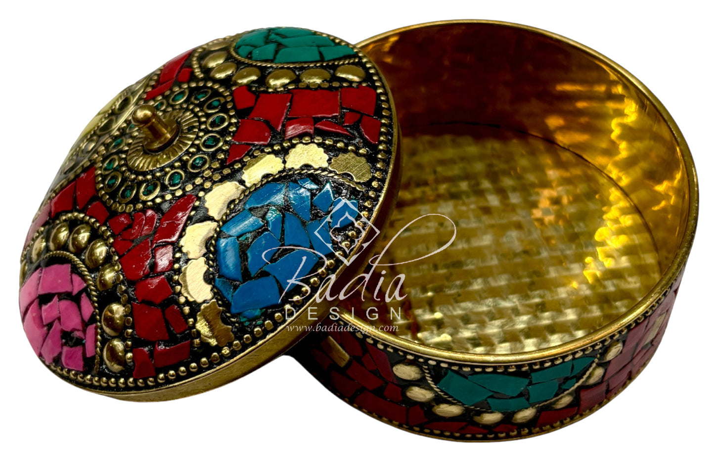 Decorative box with colorful mosaic design on a white background with open lid