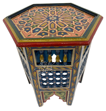 Hand Painted Moroccan Multi-Color Side Tables with Moucharabieh Wood Design blue base color