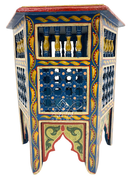 Colorful hand-painted wooden cabinet with intricate designs on a white background