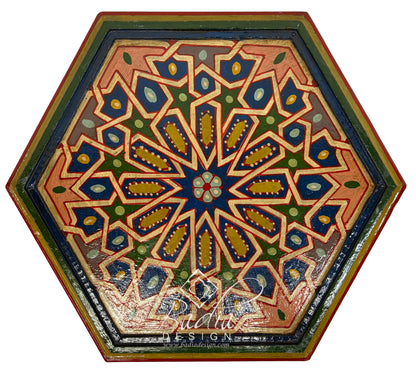 Hexagonal table top with colorful geometric pattern on a white background
