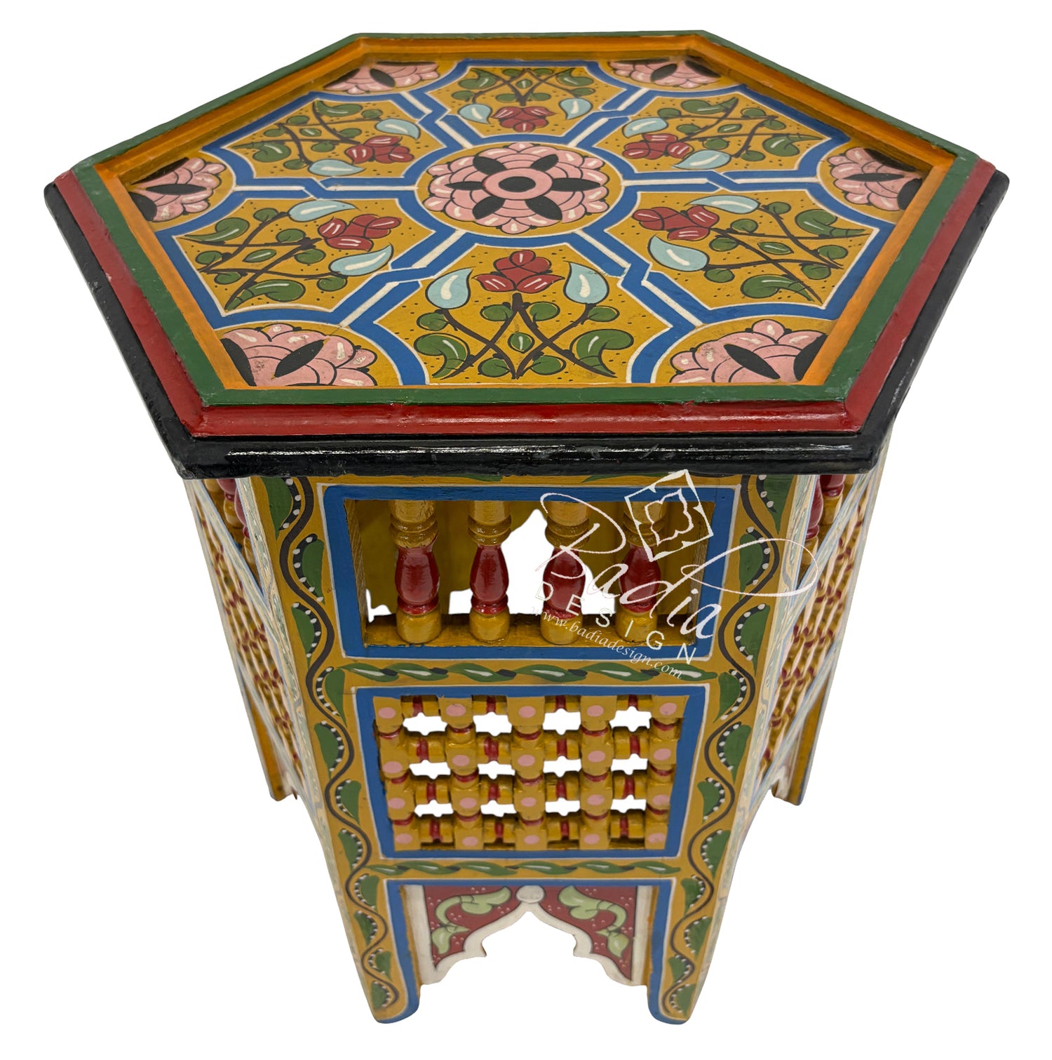 Hand Painted Moroccan Multi-Color Side Tables with Moucharabieh Wood Design green base color