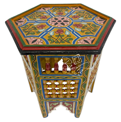 Hand Painted Moroccan Multi-Color Side Tables with Moucharabieh Wood Design green base color