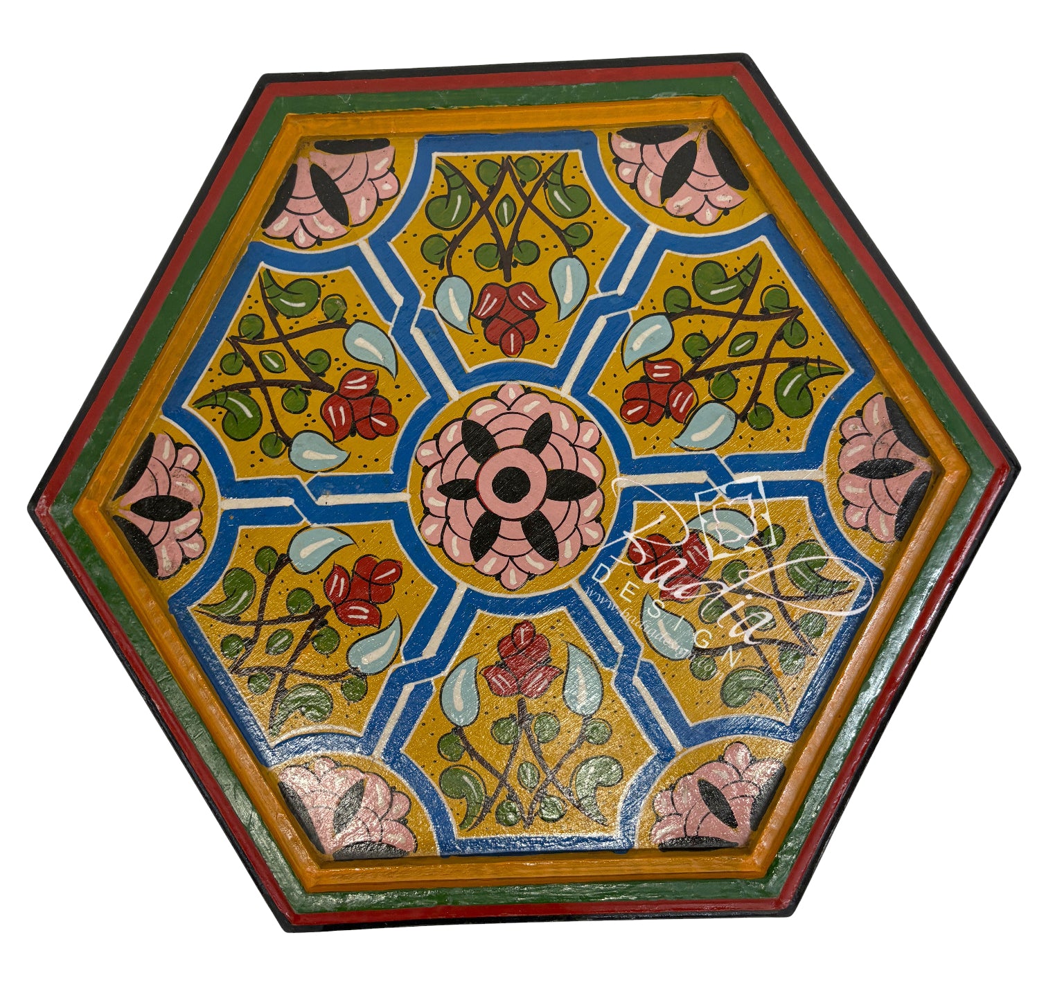 Decorative hexagonal table top with floral patterns on a white background
