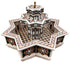 An ornate multi-tiered fountain with intricate geometric mosaic tilework in black, white, beige, and orange, set against a solid white background.